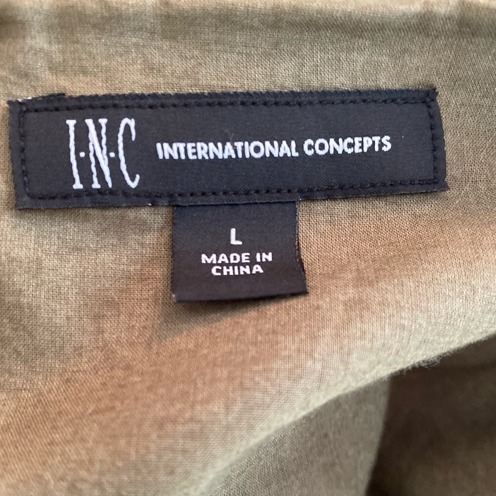 INC Dress- L Mini Olive Green Ruffle Hem Cotton with Waist Tie Boho Cottagecore - Picture 6 of 11